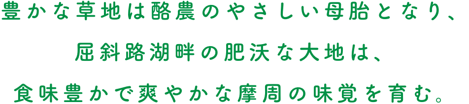 豊かな草地は酪農のやさしい母胎となり、屈斜路湖畔の肥沃な大地は、食味豊かで爽やかな摩周の味覚を育む。